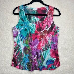 Cache Tank top Pink and Blue Tropical Sequins Fitted‎ Graphic Tank Top Stretch